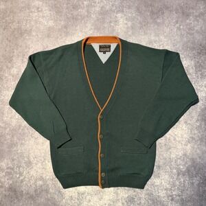 Vintage Green Cardigan Men's Medium Button Front Orange Trim